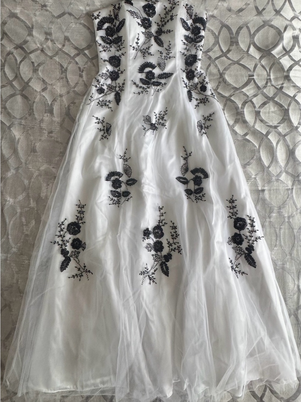 Sean Collection White A-Line Dress with Black Floral Embroidery